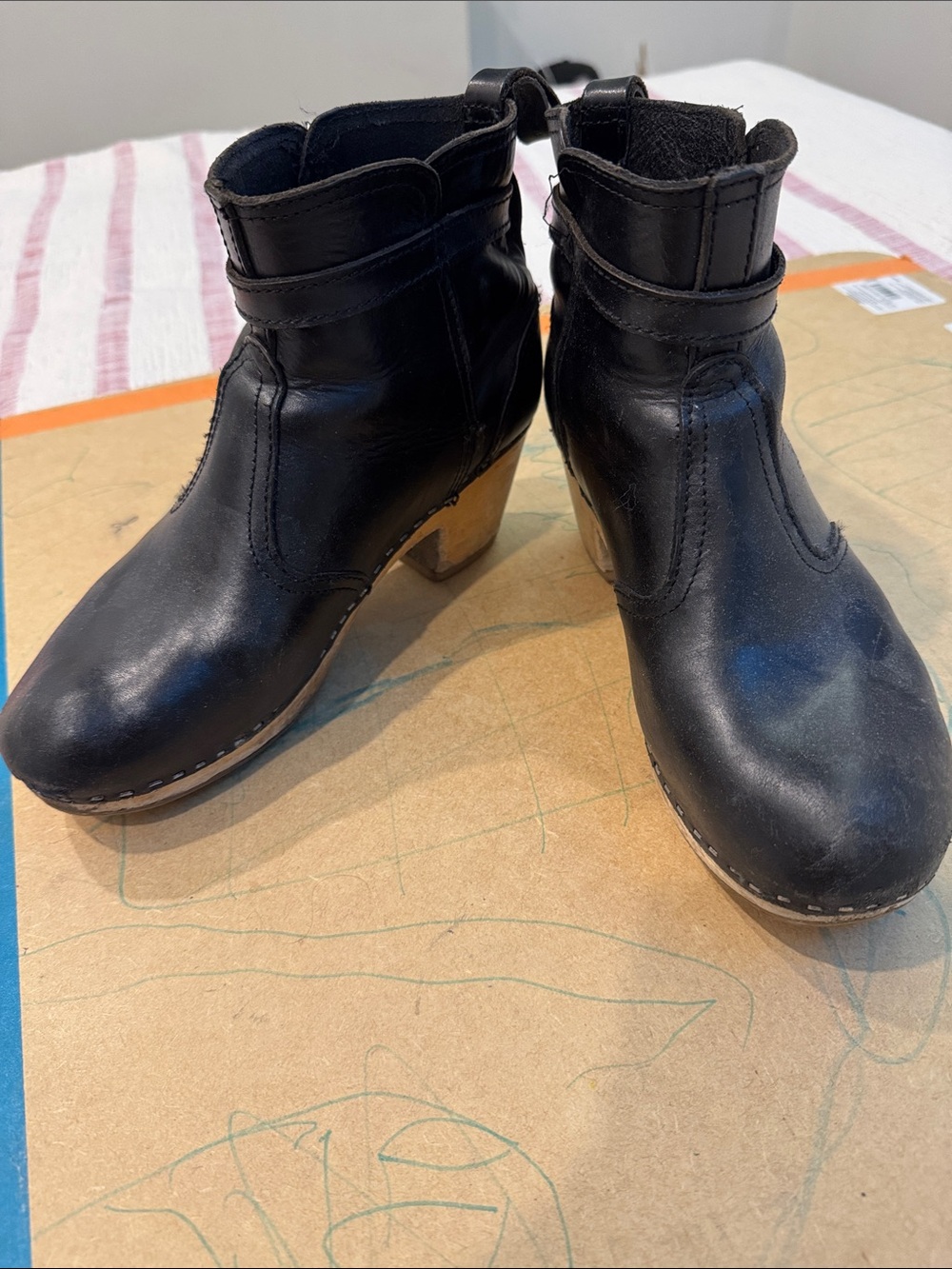 Swedish Hasbeens Black Leather Ankle Booties with Wood Heel